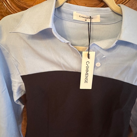 Commense Blue Notched Collar Crop Button Down - Picture 2 of 5